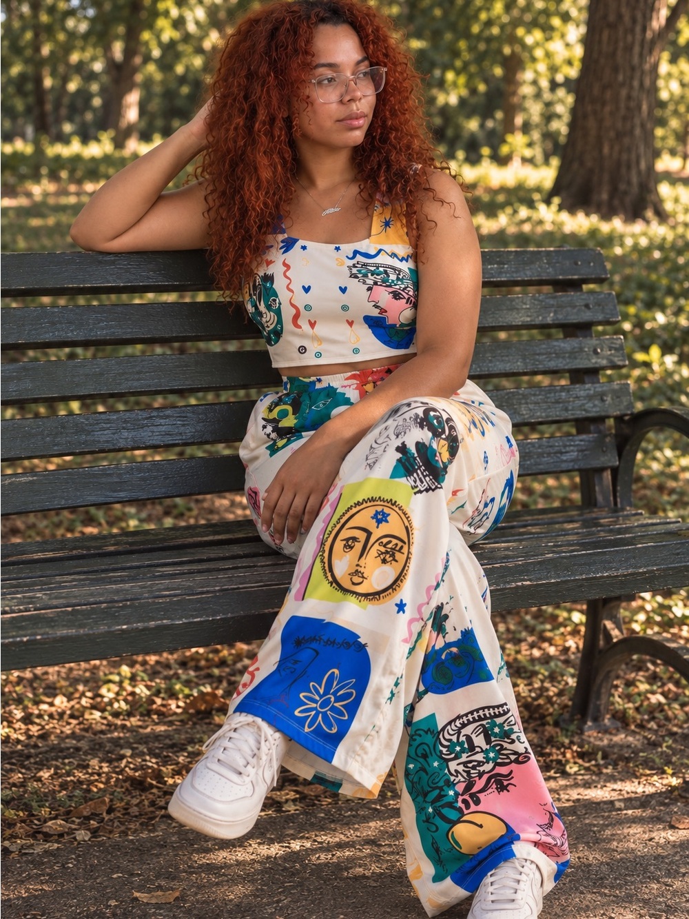 Sophisticated Doodles: Graphic Print Crop Top With Wide-Leg Pants Set